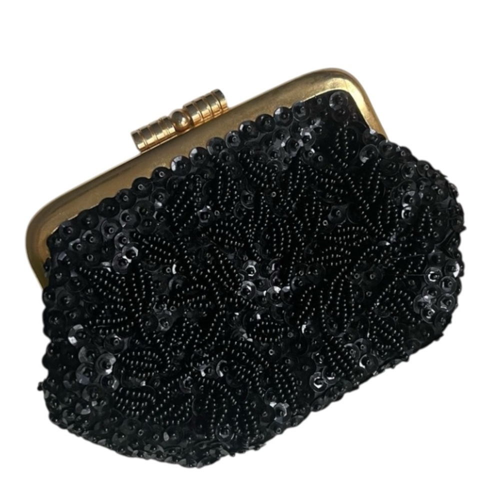Vintage Mini Bag Seed Pearl Beaded Coin Lipstick Kiss Lock Lined Black EUC